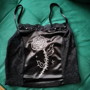 Current Mood Black Satin Rose Crop Top